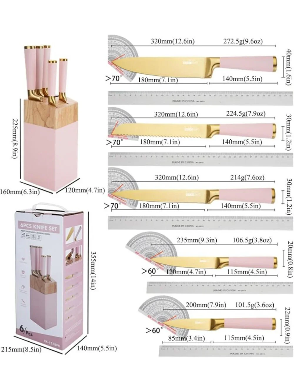Aesthetic Gold & Pink Kitchen Knife Set with Wooden Block & Sharpener - Cute
